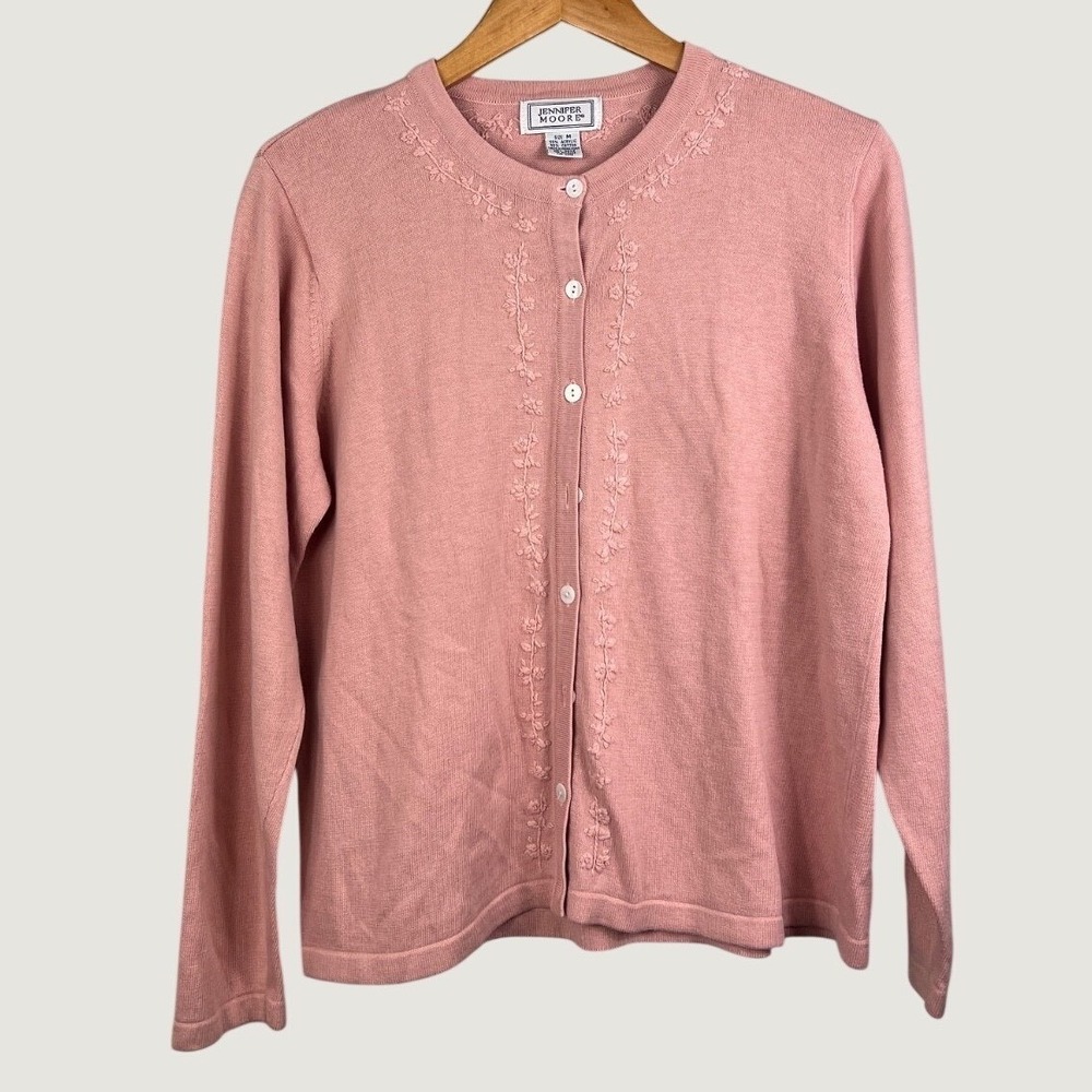 Jennifer Moore Cardigan Size M Pink Floral Embroidered Button Up Classic Sweater